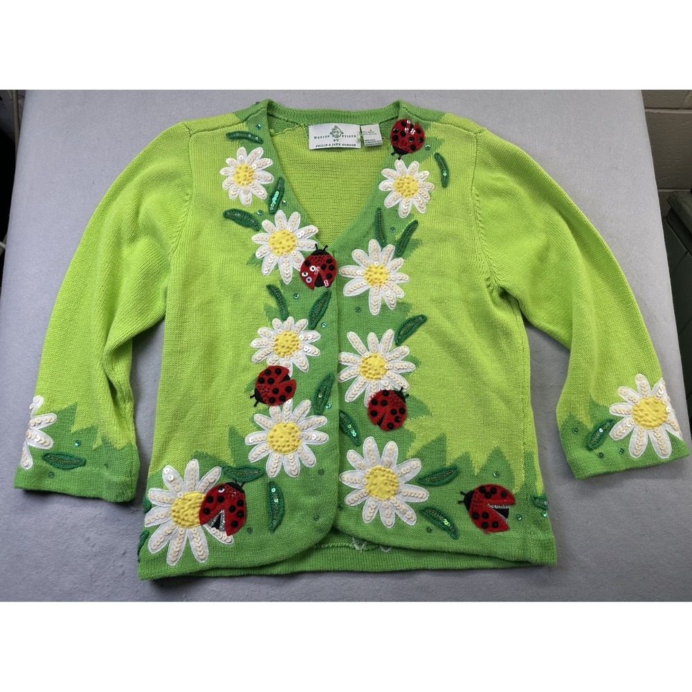 Vintage Design Options Daisy Ladybug Green Knit Cardigan Sweater Women's Small